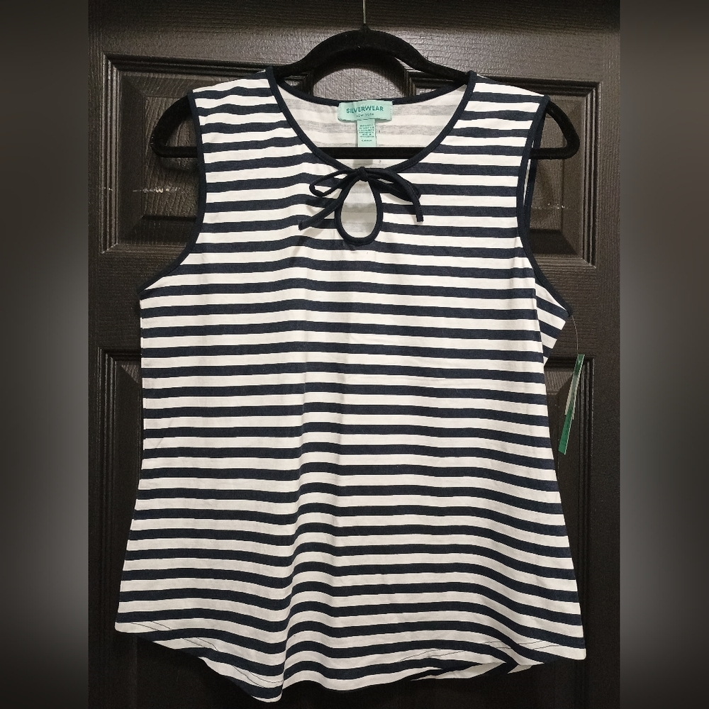 Navy and White Striped Tank Top with Bow Accent